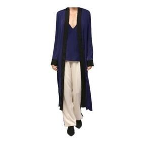 Haider Ackermann Cobalt Blue Rayon Long Robe Jacket FR 34 Black Silk Trim